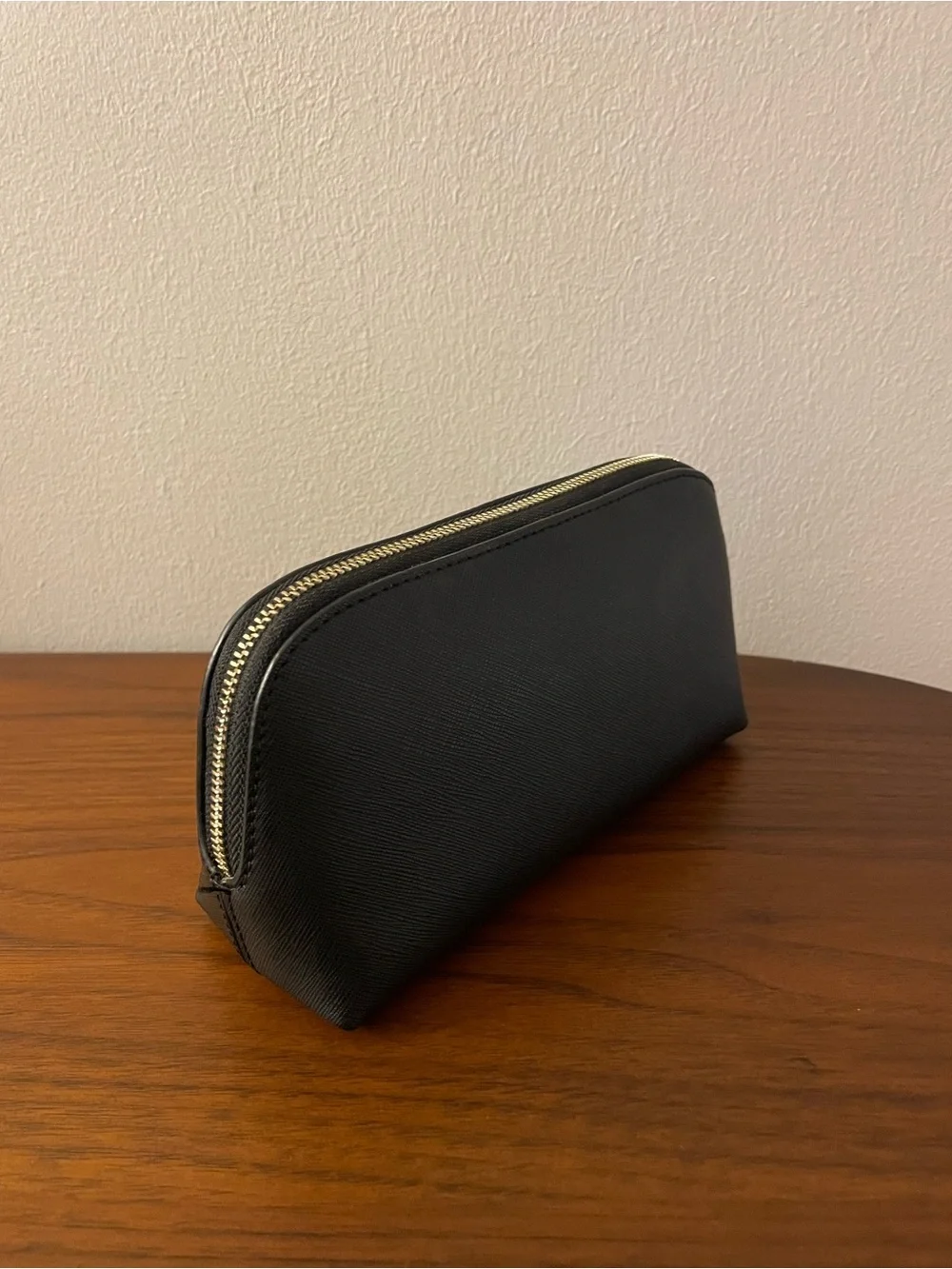 tde. Black Saffiano Cosmetic Zip Pouch with Gold Initials
